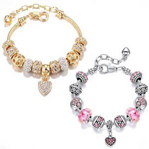 2 Pack Charm Bracelets Pink and Gold Heart Silver Plated Charm Bracelet,